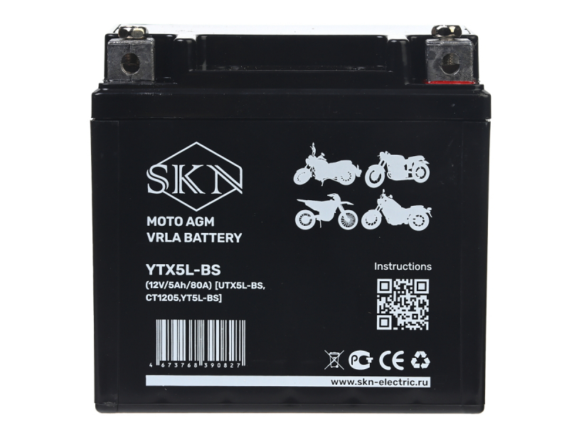 Аккумулятор стартерный для мототехники SKN YTX5L-BS (12V/5Ah/80A) [UTX5L-BS, CT1205, YT5L-BS] HV Market