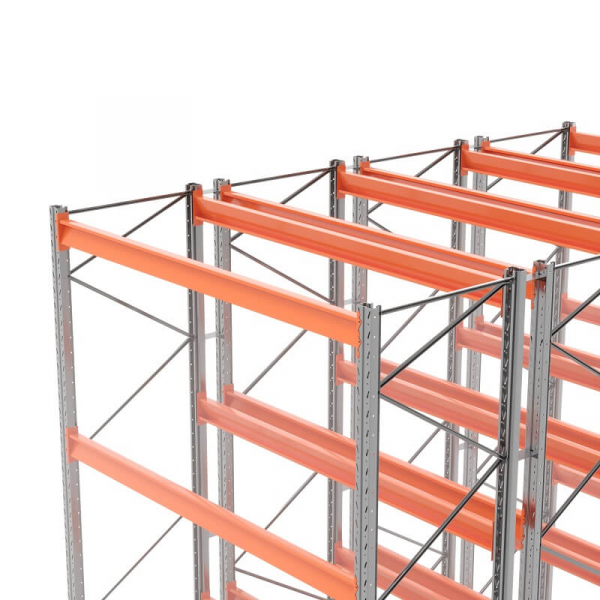 Стеллаж двойной глубины 3500х2700х1100 мм. Уровни хранения: пол+2 (2400 кг на ярус)